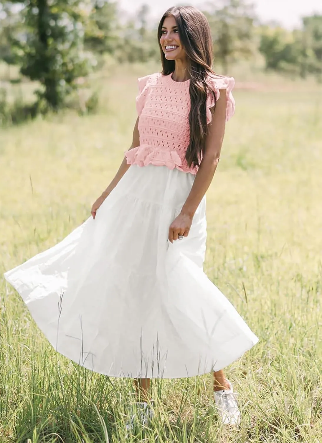 Womens 2025 Summer Causal Ruffle Sleeve Crochet Knit Tops Long Dress for Ladies Fall Trendy Tiered Dress