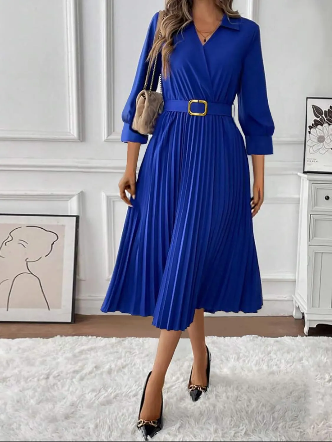 Womens 3/4 Sleeve Flared A Line Dress Casual Semi Formal Wedding Guest Office Lady Dresses with Belt