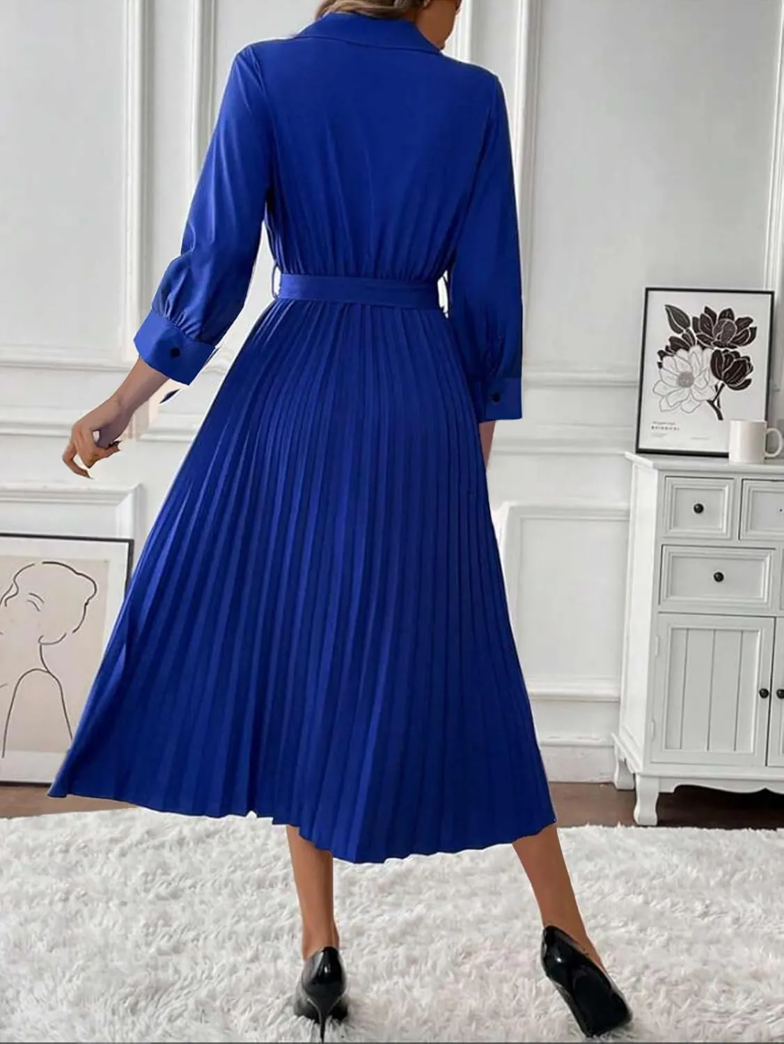 Womens 3/4 Sleeve Flared A Line Dress Casual Semi Formal Wedding Guest Office Lady Dresses with Belt