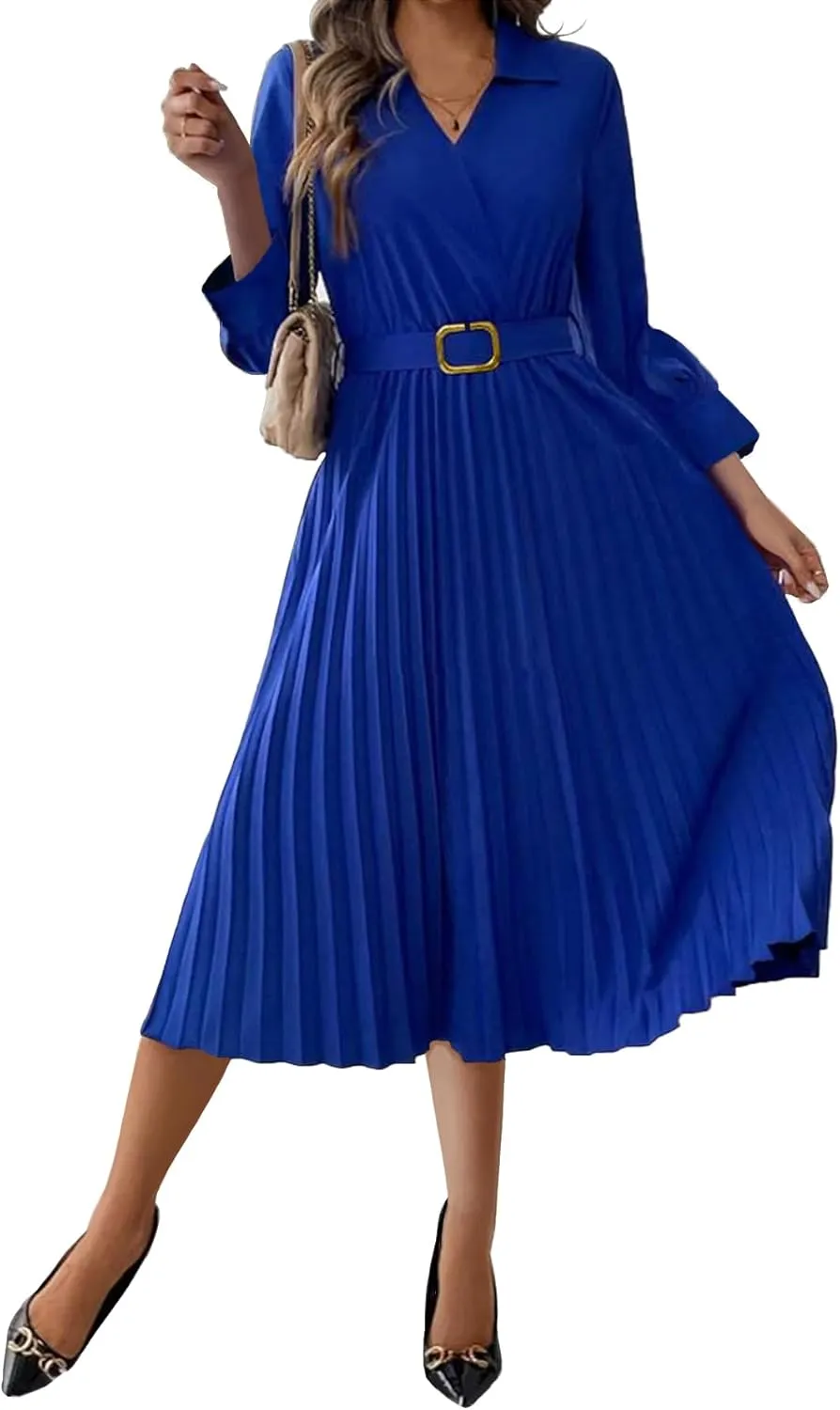 Womens 3/4 Sleeve Flared A Line Dress Casual Semi Formal Wedding Guest Office Lady Dresses with Belt