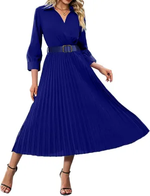 Womens 3/4 Sleeve Flared A Line Dress Casual Semi Formal Wedding Guest Office Lady Dresses with Belt