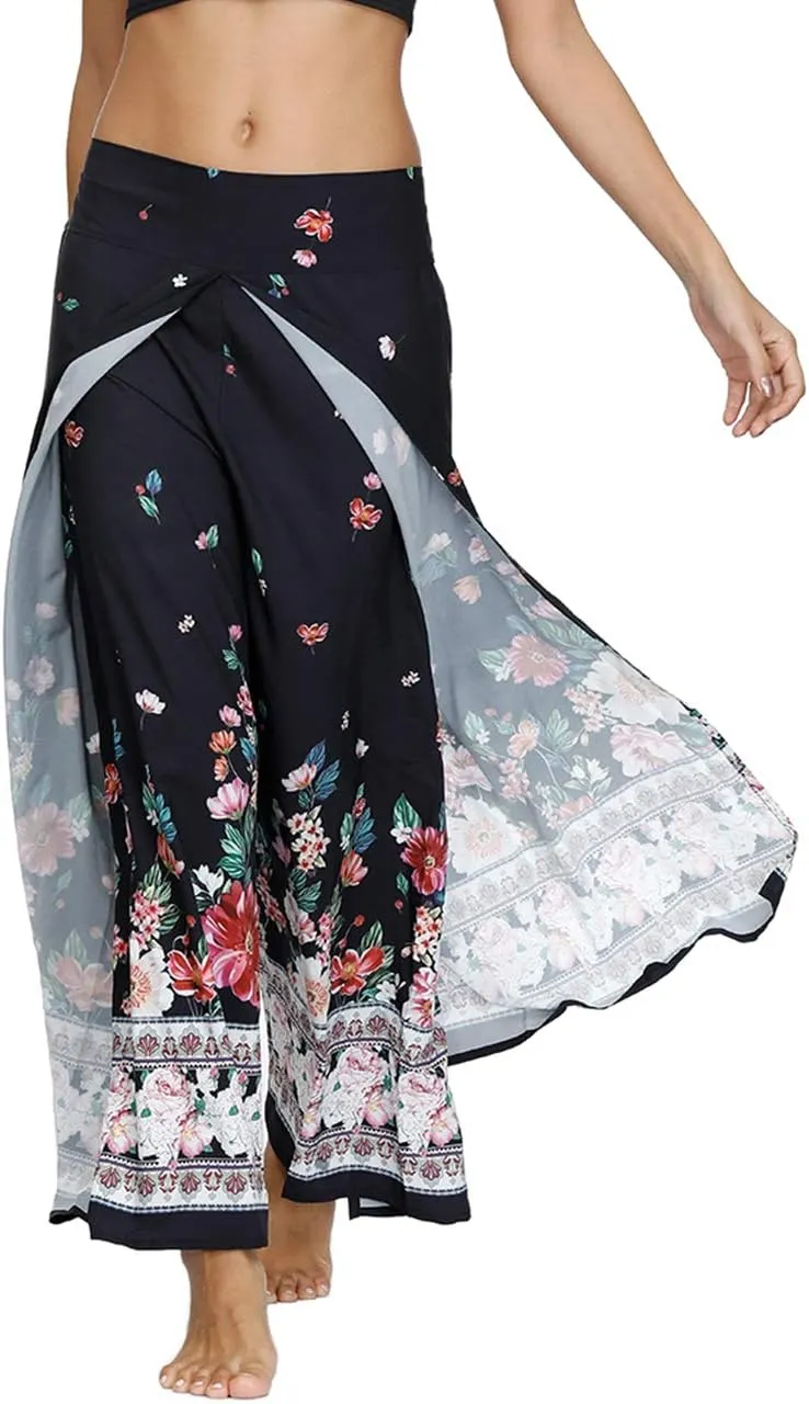 Women's Boho Palazzo Slit Wide Leg Yoga Pants Summer Beach Bohemian Hippie Pants