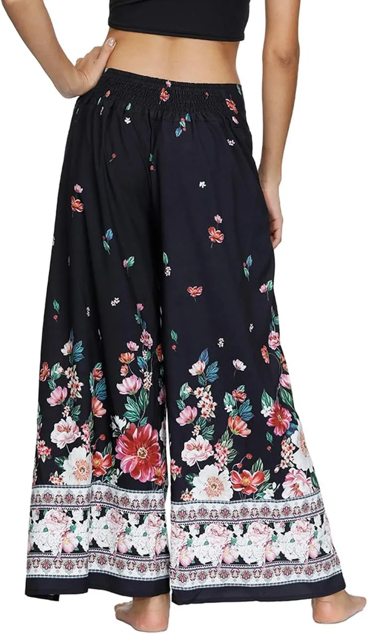Women's Boho Palazzo Slit Wide Leg Yoga Pants Summer Beach Bohemian Hippie Pants