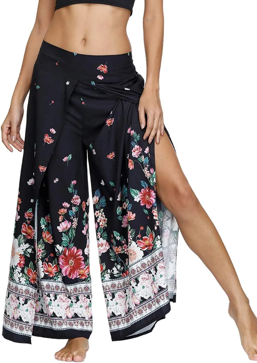 Women's Boho Palazzo Slit Wide Leg Yoga Pants Summer Beach Bohemian Hippie Pants