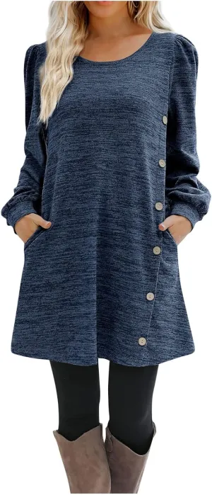 Women's Button Side Long Sleeve Dresses 2024 Fall Fashion Sweater Dresses Casual Crew Neck Pullover Tops with Pockets