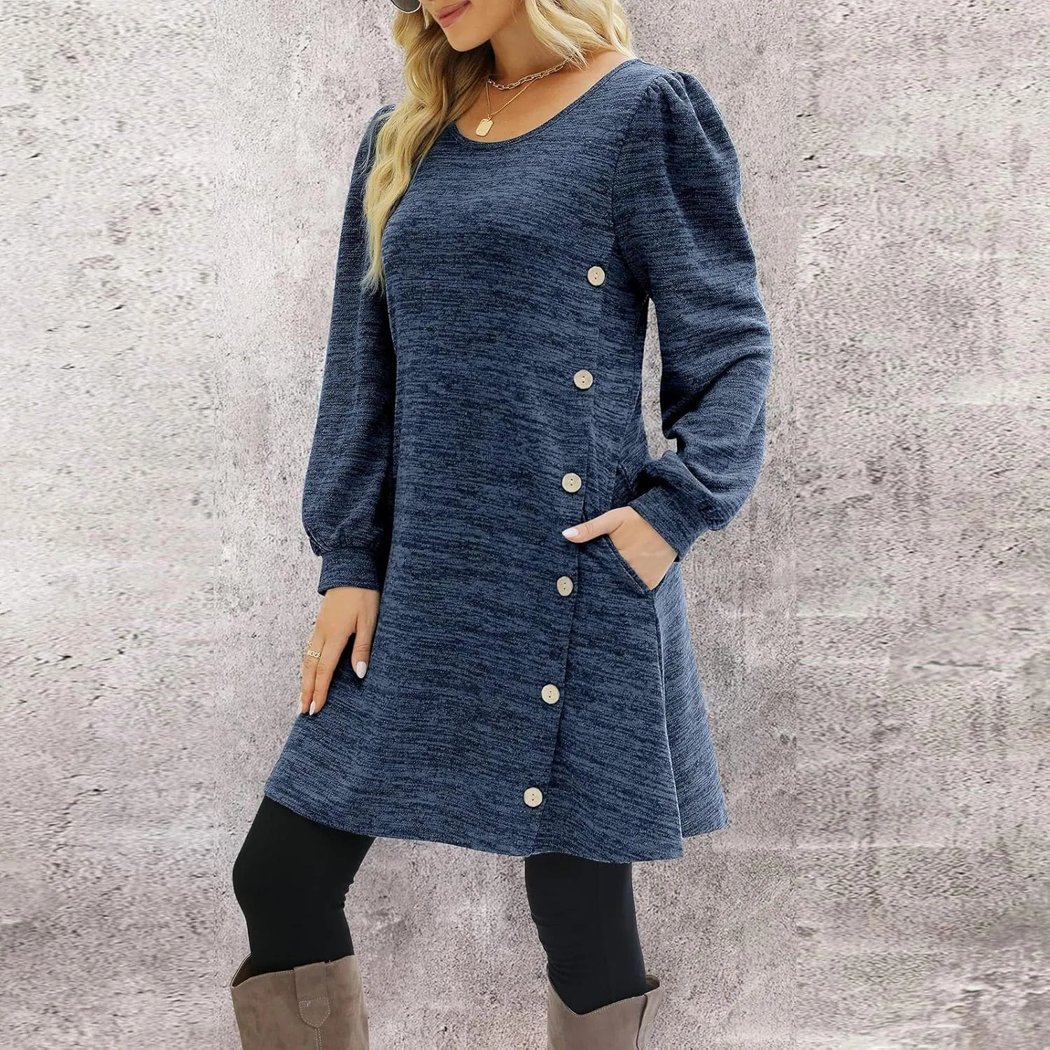 Women's Button Side Long Sleeve Dresses 2024 Fall Fashion Sweater Dresses Casual Crew Neck Pullover Tops with Pockets