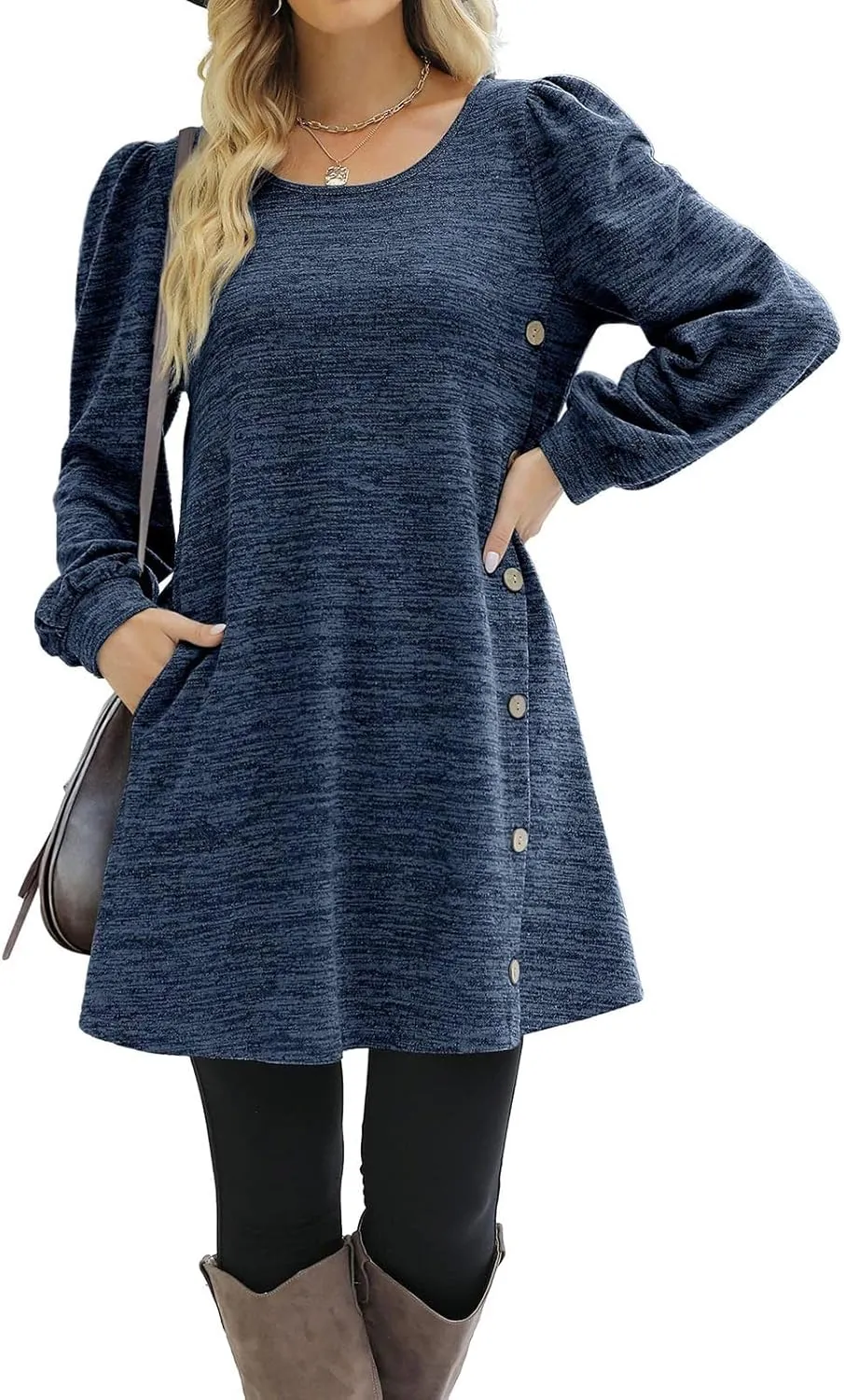 Women's Button Side Long Sleeve Dresses 2024 Fall Fashion Sweater Dresses Casual Crew Neck Pullover Tops with Pockets