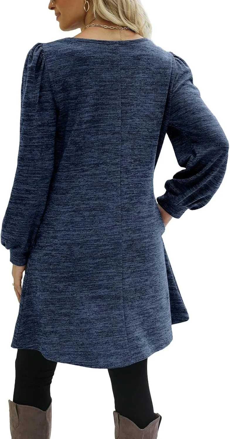 Women's Button Side Long Sleeve Dresses 2024 Fall Fashion Sweater Dresses Casual Crew Neck Pullover Tops with Pockets
