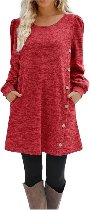 Women's Button Side Long Sleeve Dresses 2024 Fall Fashion Sweater Dresses Casual Crew Neck Pullover Tops with Pockets