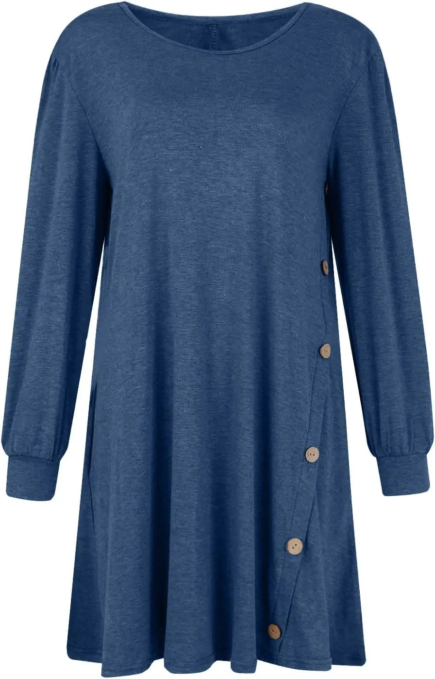 Women's Button Side Long Sleeve Dresses 2024 Fall Fashion Sweater Dresses Casual Crew Neck Pullover Tops with Pockets