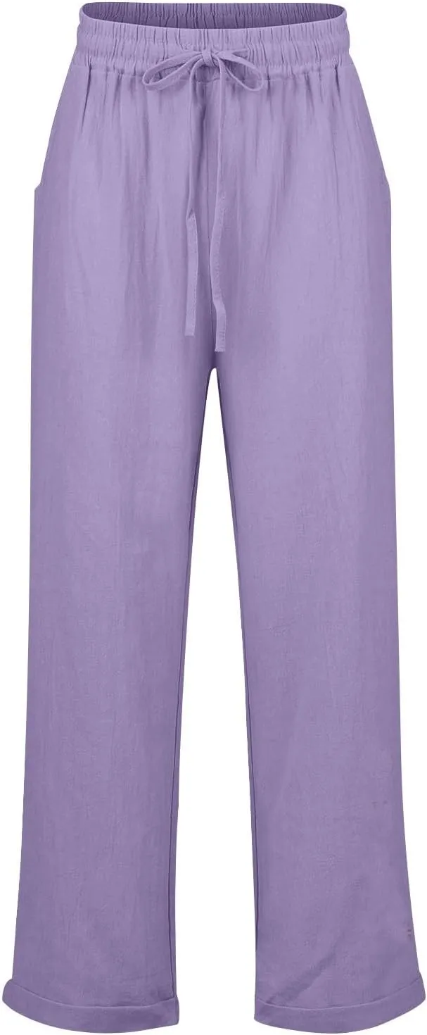 Women's Casual Cotton Linen Pants Drawstring High Waist Loose Fit Summer Pants Lounge Beach Trousers with Pockets