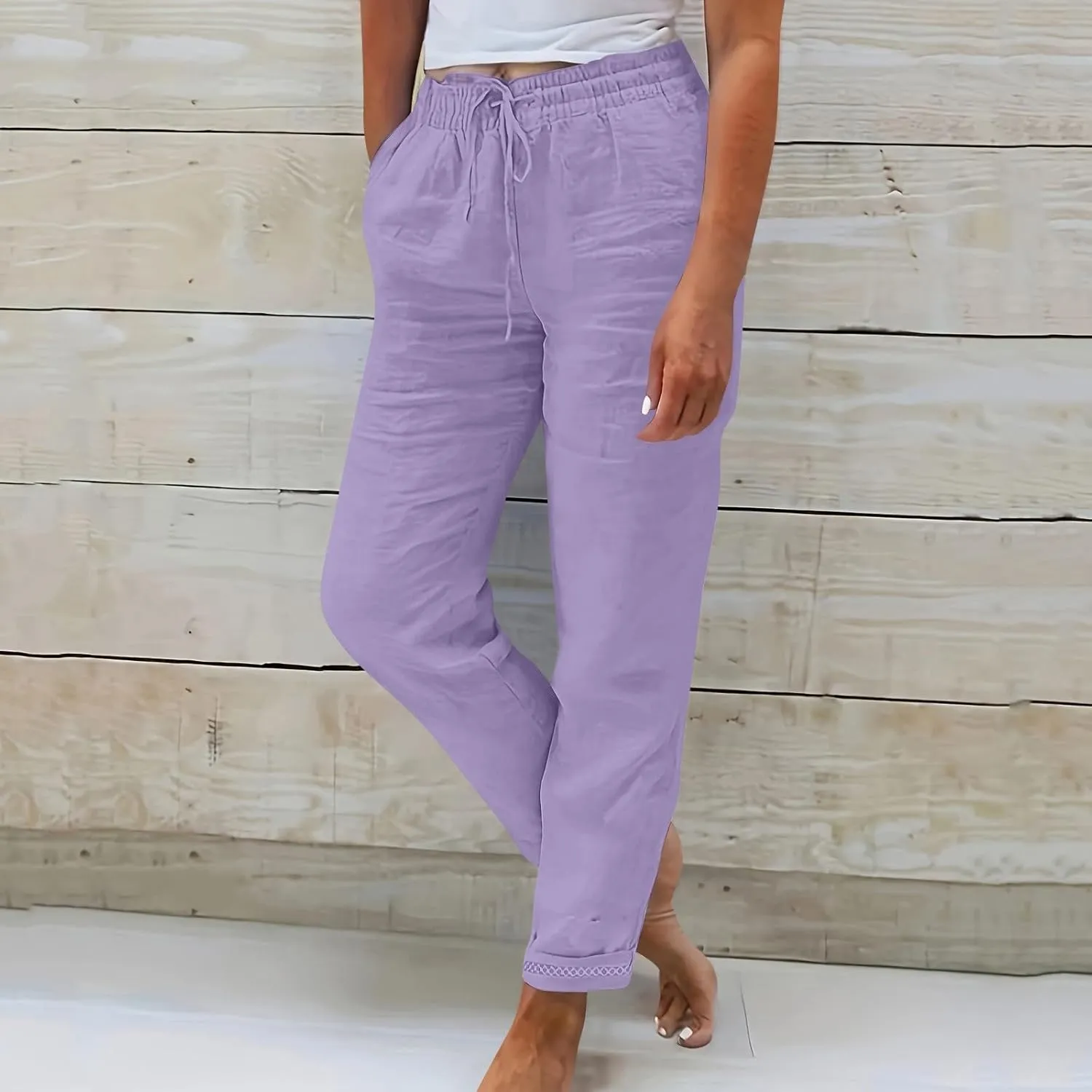 Women's Casual Cotton Linen Pants Drawstring High Waist Loose Fit Summer Pants Lounge Beach Trousers with Pockets