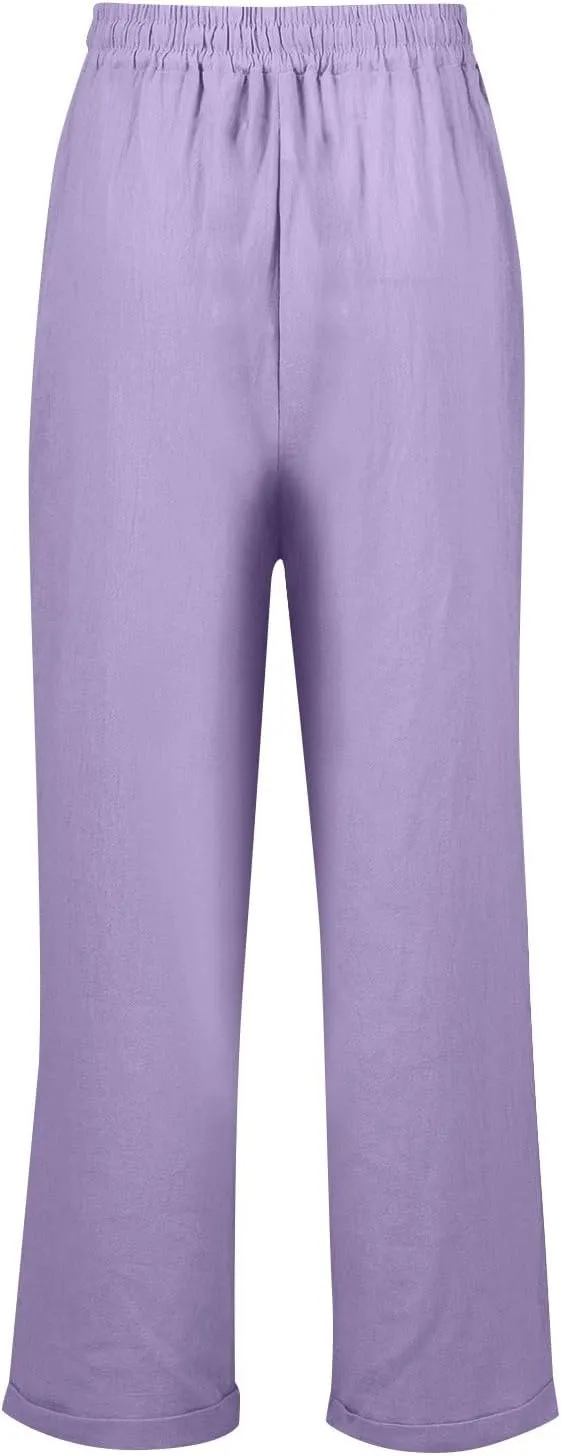 Women's Casual Cotton Linen Pants Drawstring High Waist Loose Fit Summer Pants Lounge Beach Trousers with Pockets