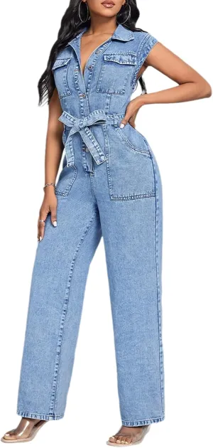 Women's Casual Sleeveless Denim Jumpsuit Button Up Belt Lapel Wide Straight Jeans Romper Jumpsuits