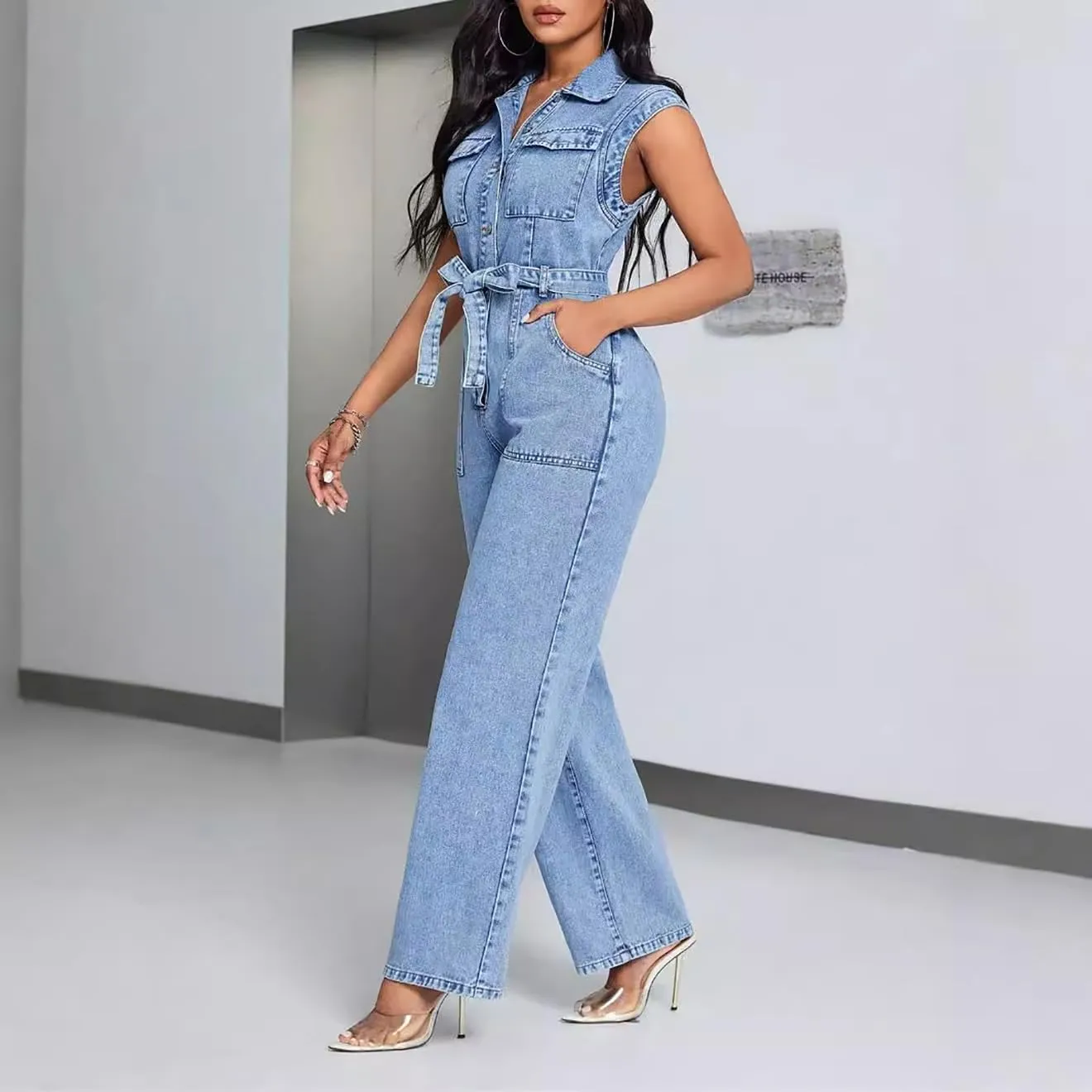 Women's Casual Sleeveless Denim Jumpsuit Button Up Belt Lapel Wide Straight Jeans Romper Jumpsuits