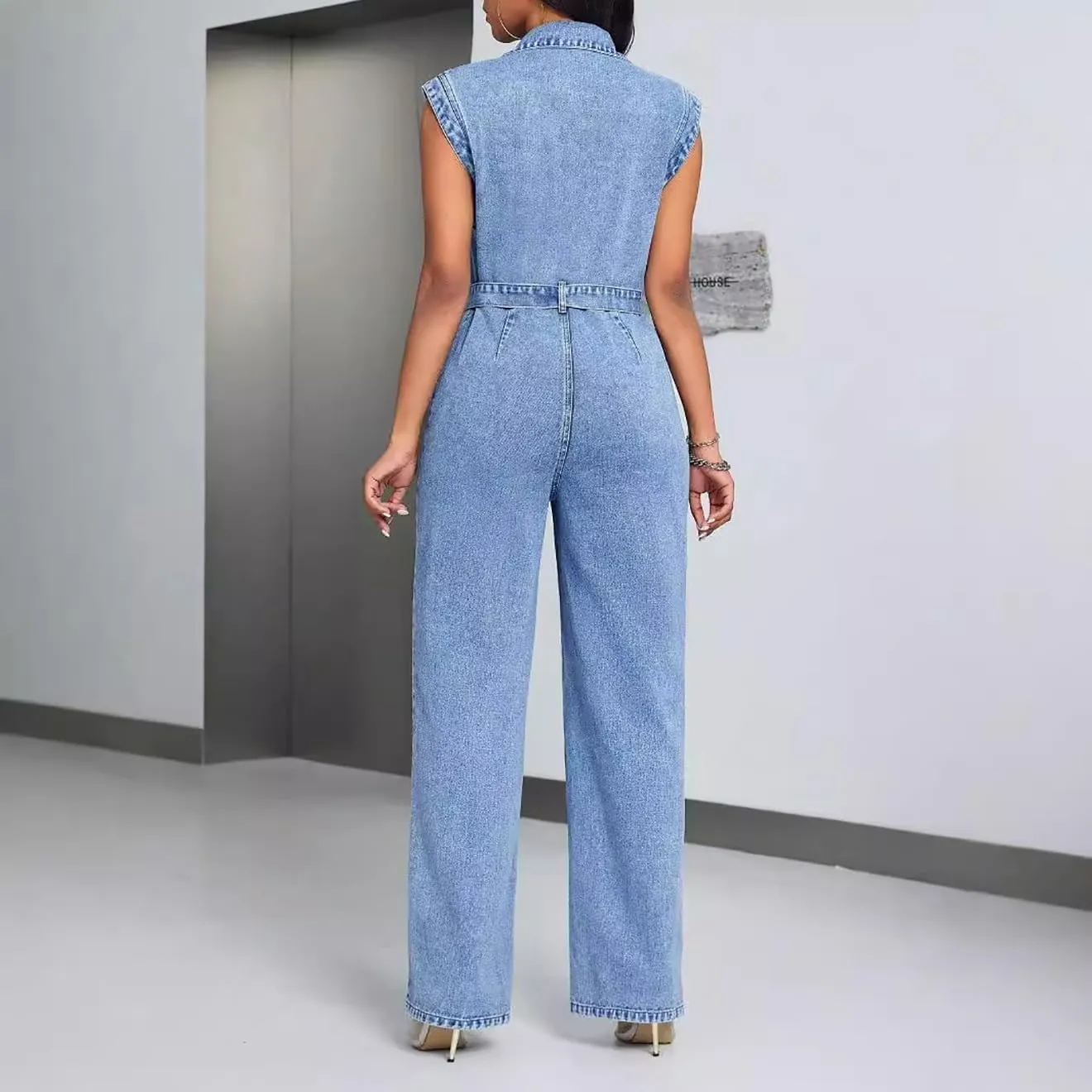 Women's Casual Sleeveless Denim Jumpsuit Button Up Belt Lapel Wide Straight Jeans Romper Jumpsuits