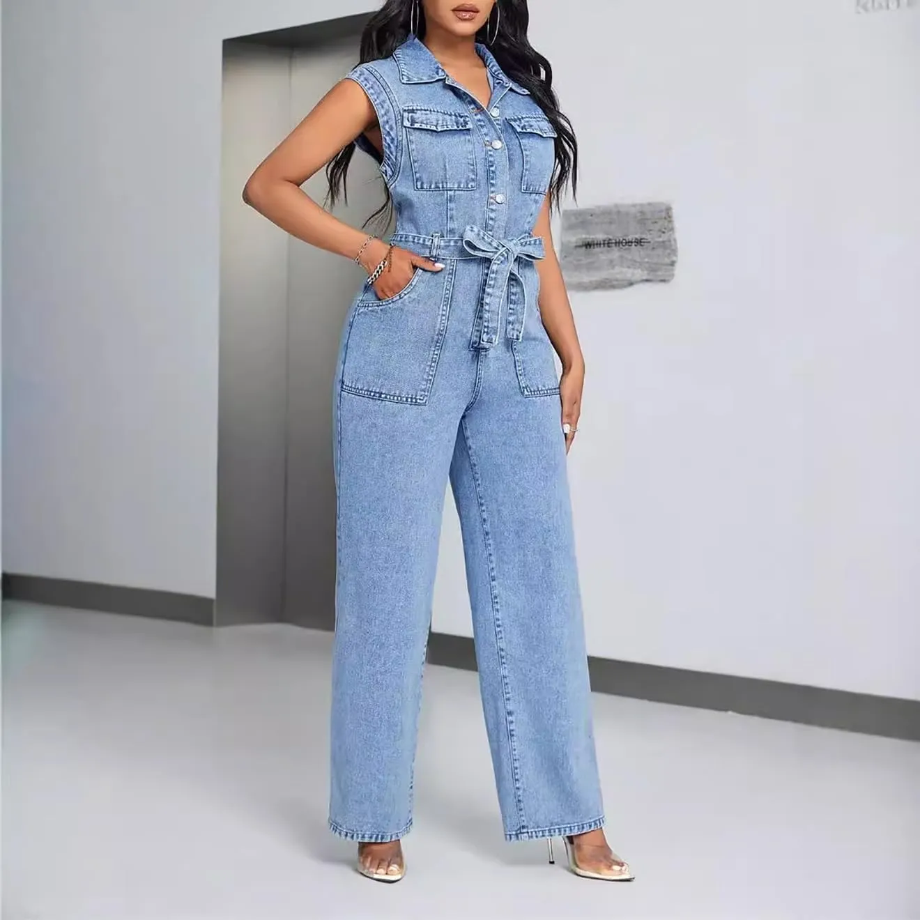 Women's Casual Sleeveless Denim Jumpsuit Button Up Belt Lapel Wide Straight Jeans Romper Jumpsuits