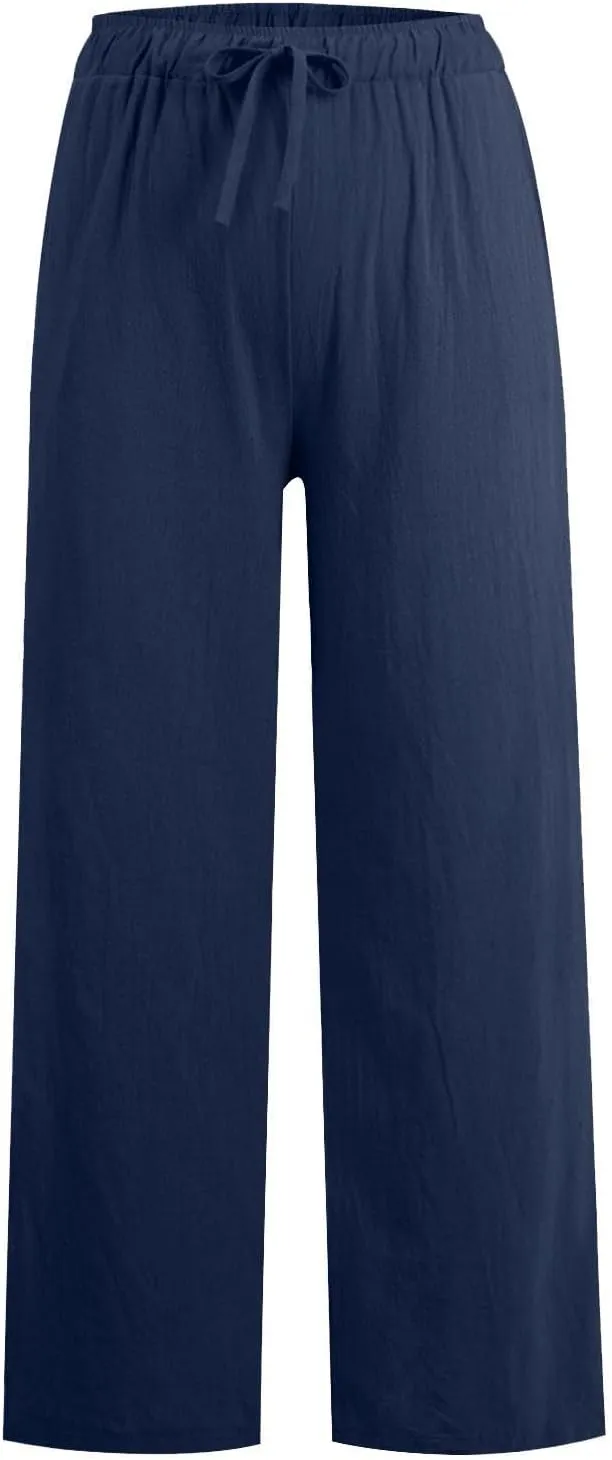 Women's Cotton Linen Pants Summer Wide Leg Casual Loose Drawstring High Waist Palazzo Pants Trousers with Pockets
