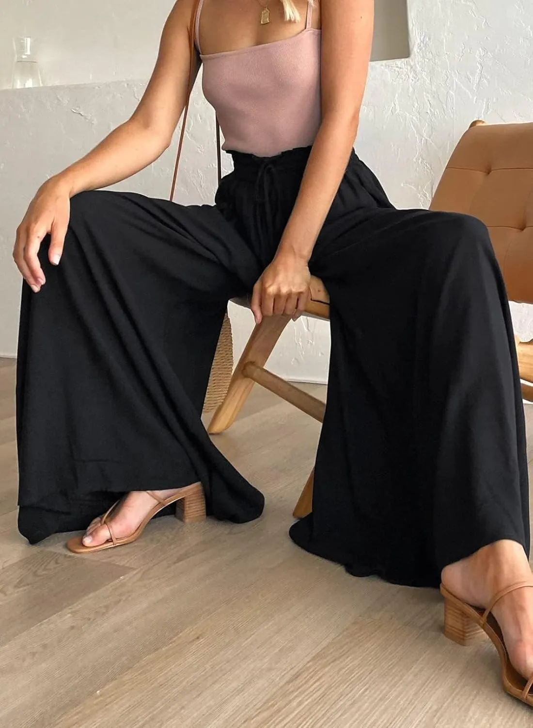 Womens Cotton Linen Wide Leg Pants Casual Elastic Belt High Waist Wide Leg Pants with Pockets Palazzo Lounge Pant