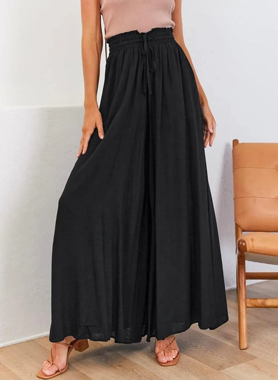 Womens Cotton Linen Wide Leg Pants Casual Elastic Belt High Waist Wide Leg Pants with Pockets Palazzo Lounge Pant