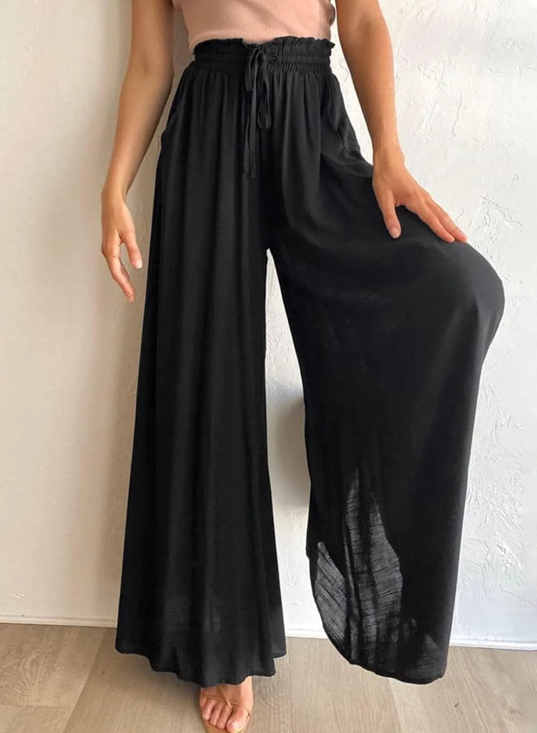 Womens Cotton Linen Wide Leg Pants Casual Elastic Belt High Waist Wide Leg Pants with Pockets Palazzo Lounge Pant