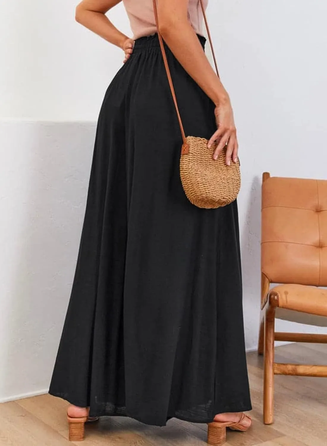 Womens Cotton Linen Wide Leg Pants Casual Elastic Belt High Waist Wide Leg Pants with Pockets Palazzo Lounge Pant