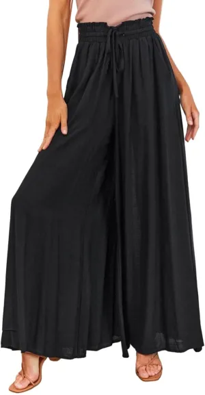 Womens Cotton Linen Wide Leg Pants Casual Elastic Belt High Waist Wide Leg Pants with Pockets Palazzo Lounge Pant