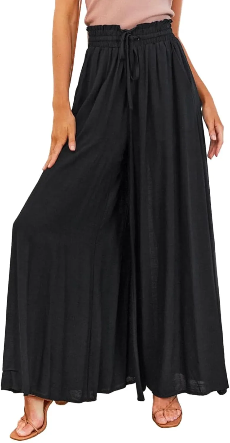Womens Cotton Linen Wide Leg Pants Casual Elastic Belt High Waist Wide Leg Pants with Pockets Palazzo Lounge Pant