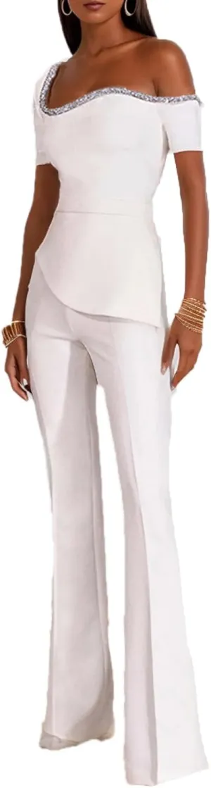 Women's Elegant Long Sleeve Off Shoulder High Waist Flared Long Pants Jumpsuit Evening Party Clubwear Rompers