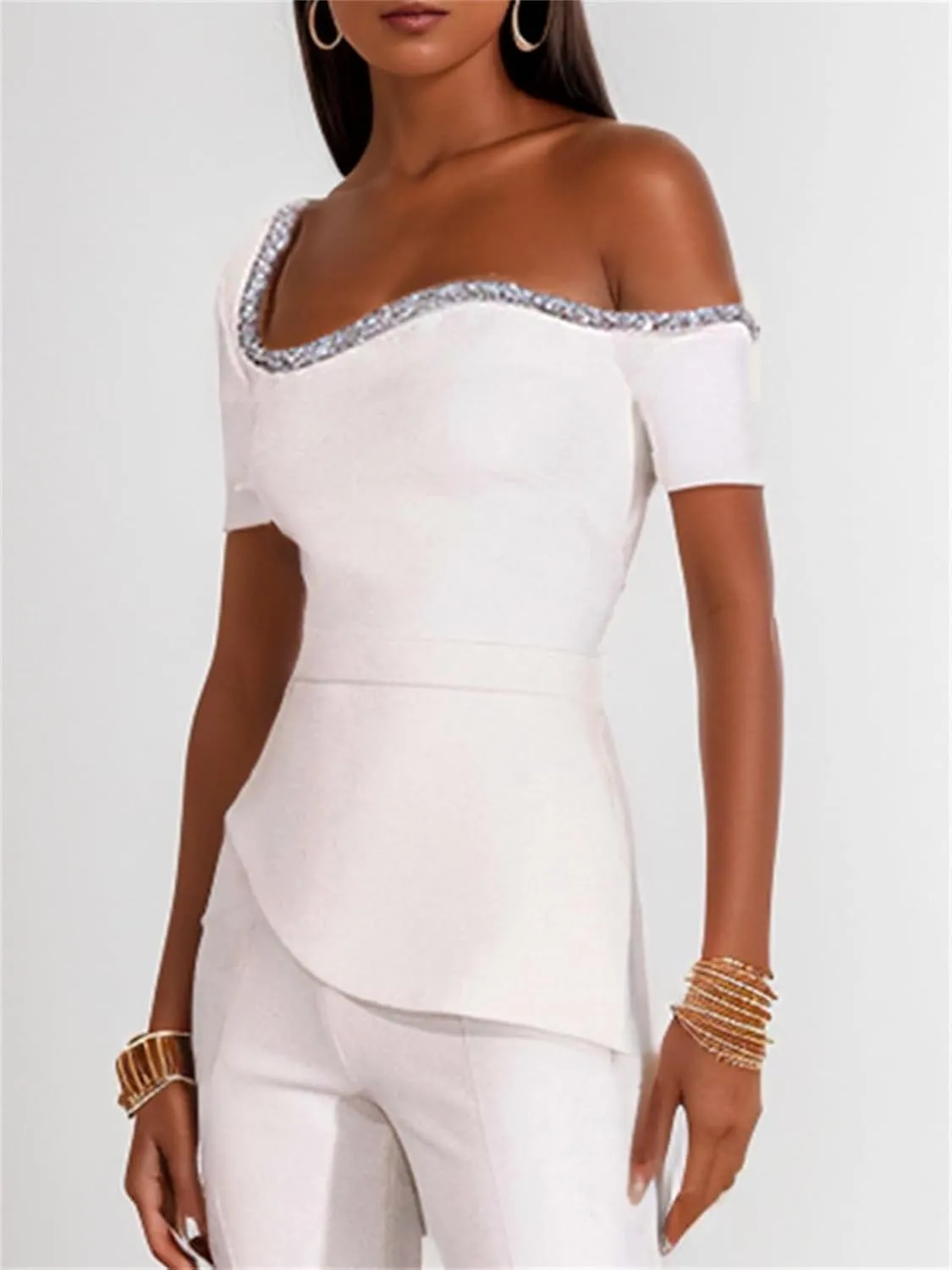 Women's Elegant Long Sleeve Off Shoulder High Waist Flared Long Pants Jumpsuit Evening Party Clubwear Rompers
