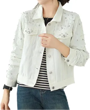 Women's Fashion Diamonds Beaded Denim Jacket Long Sleeve Slim Western Jean Jacket Coat with Flap Pockets