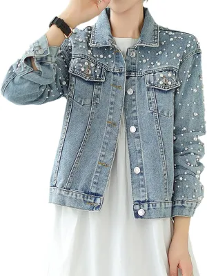 Women's Fashion Diamonds Beaded Denim Jacket Long Sleeve Slim Western Jean Jacket Coat with Flap Pockets