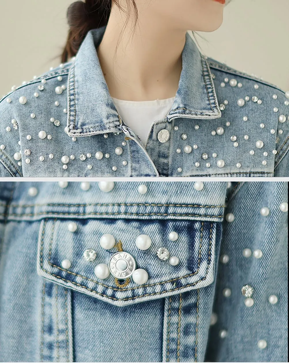 Women's Fashion Diamonds Beaded Denim Jacket Long Sleeve Slim Western Jean Jacket Coat with Flap Pockets