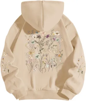 Women's Floral Printed Hoodies Vintage Aesthetic Flower Graphic Sweatshirt Cute Boho Fleece Thermal Hoodie Pullover