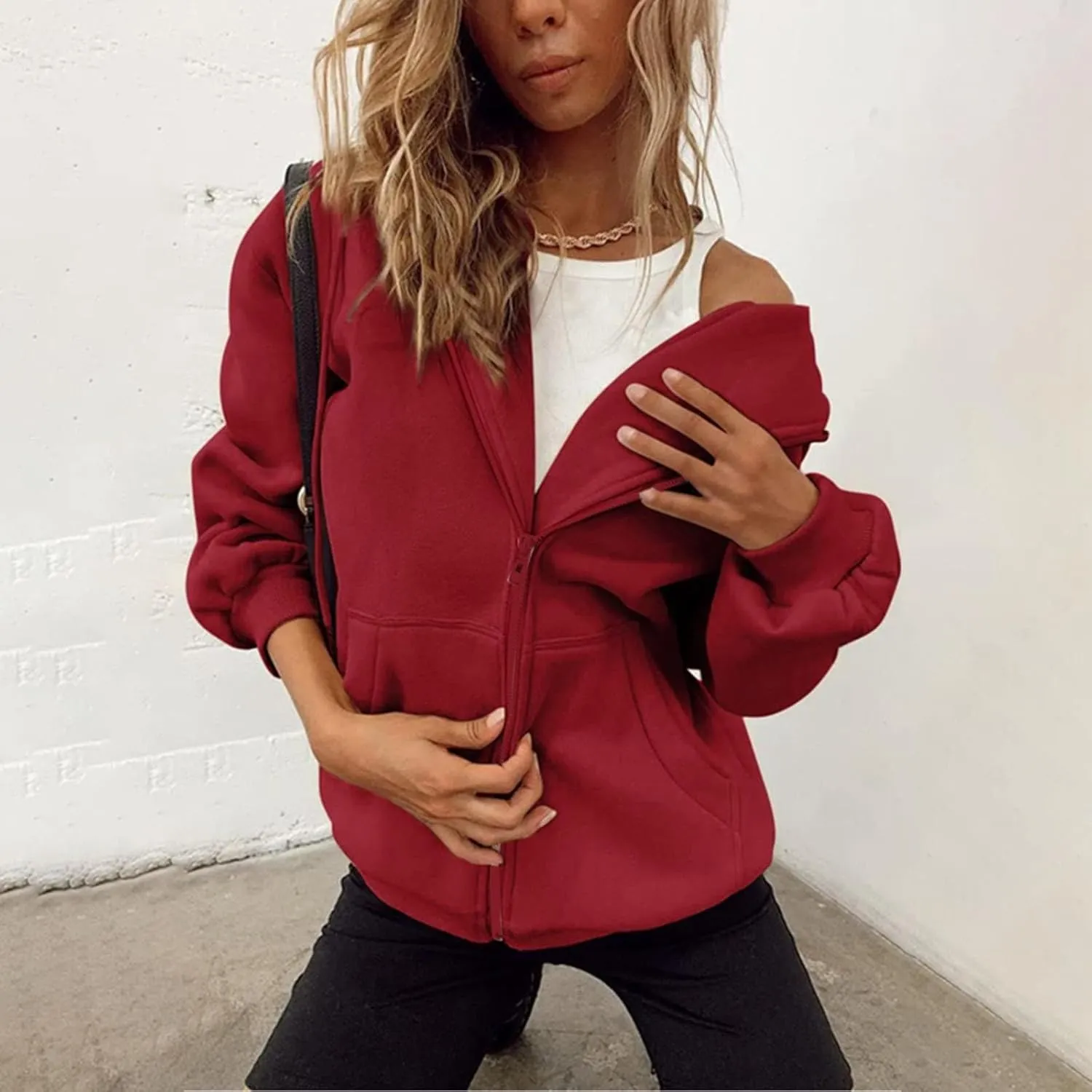 Womens Hoodie Y2K Zip Up Long Sleeve Oversized Sweatshirts Fleece Workout Jacket Pockets 2024 Fall Outfits Trendy Tops
