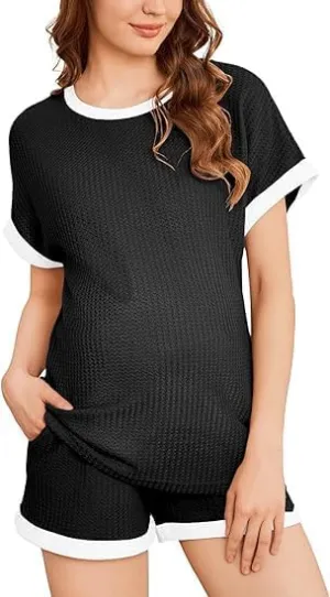 Women's knitted sleepwear, loose two-piece suits, short-sleeved tops and shorts, loungewear sets, maternity wear Black