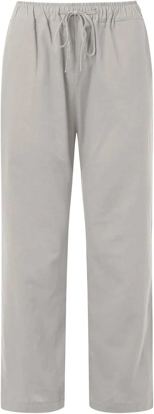 Women's Linen Pants Summer Casual Flowy Palazzo Pants Beach Baggy Wide Leg Drawstring Trousers with Pockets