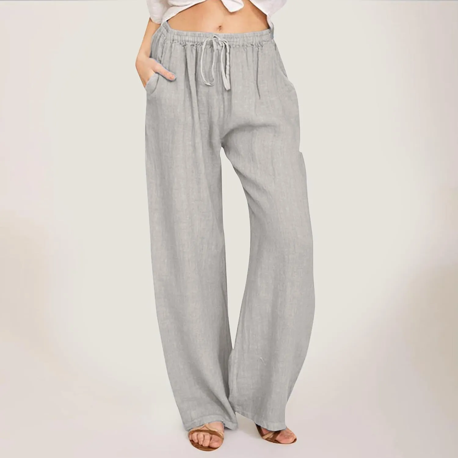 Women's Linen Pants Summer Casual Flowy Palazzo Pants Beach Baggy Wide Leg Drawstring Trousers with Pockets