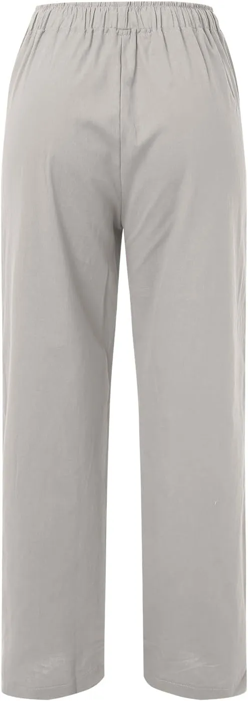Women's Linen Pants Summer Casual Flowy Palazzo Pants Beach Baggy Wide Leg Drawstring Trousers with Pockets