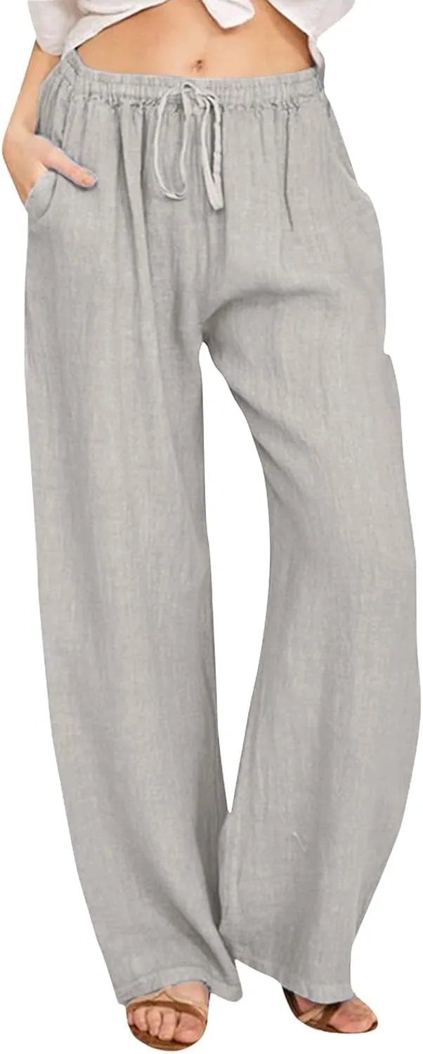 Women's Linen Pants Summer Casual Flowy Palazzo Pants Beach Baggy Wide Leg Drawstring Trousers with Pockets
