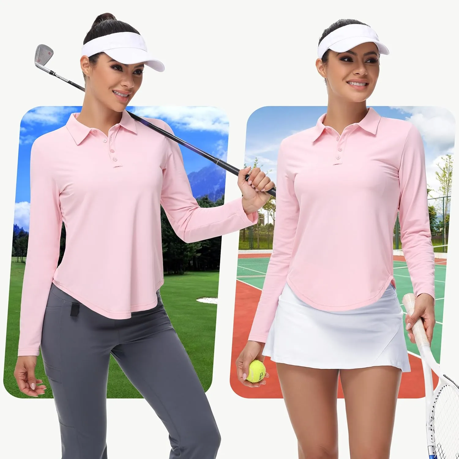 Women's Long Sleeve Golf Shirt Collared Polo Sun Protection Quick Dry Workout Athletic Running Tennis Hiking Lightweight Tops
