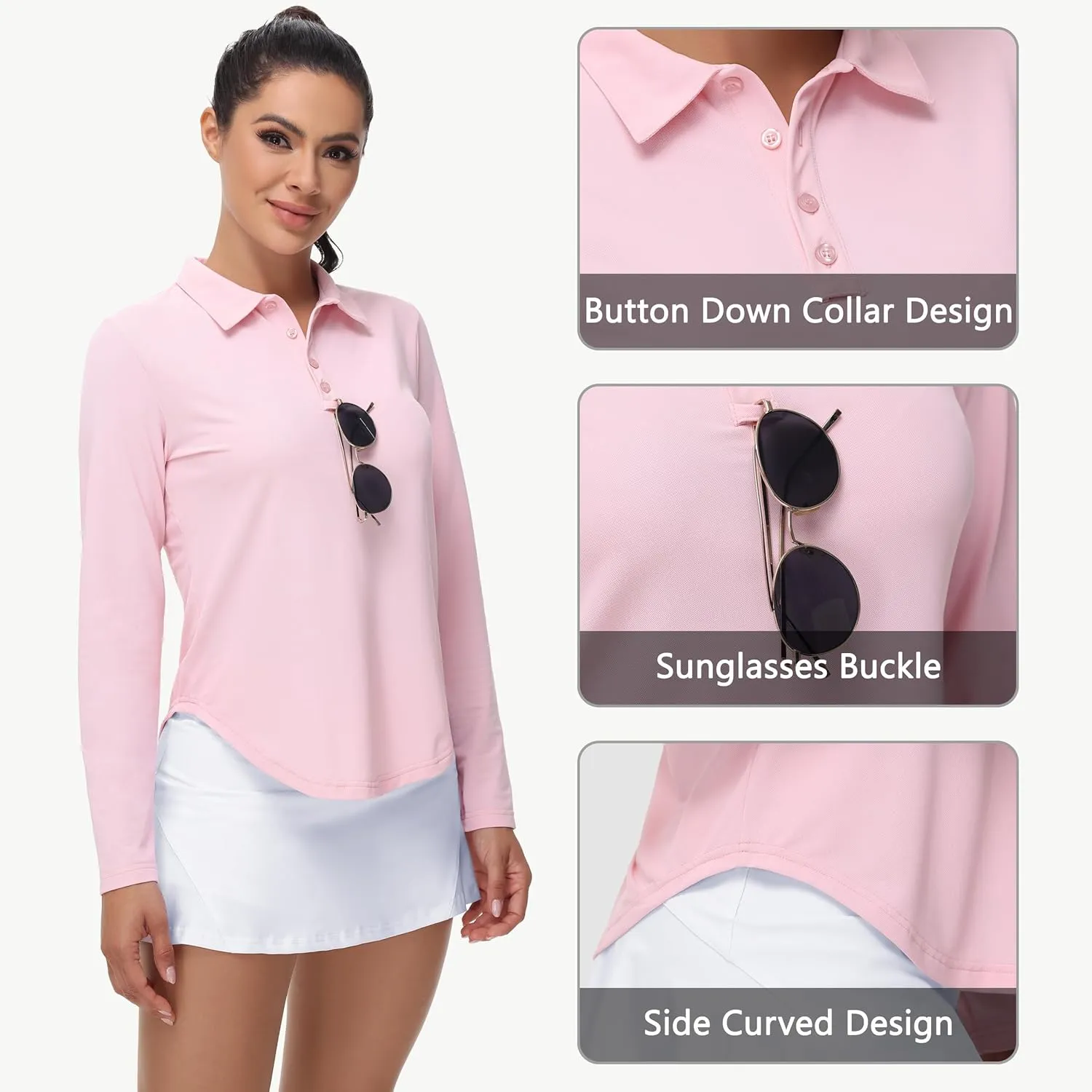 Women's Long Sleeve Golf Shirt Collared Polo Sun Protection Quick Dry Workout Athletic Running Tennis Hiking Lightweight Tops