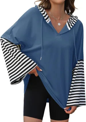 Womens Oversized Hoodie Y2K Casual Striped Sweatshirt Long Sleeve V Neck Pullover Tops Loose Fit Fall Clothes