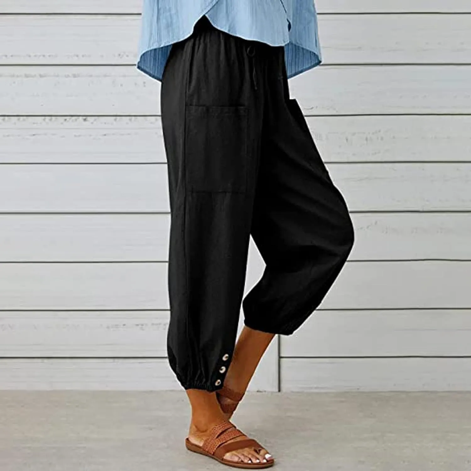Women's Plus Size Capri Pants High Waist Drawstring Cinch Cotton Linen Casual Button Trouser with Pockets