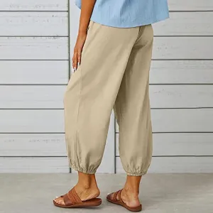 Women's Plus Size Capri Pants High Waist Drawstring Cinch Cotton Linen Casual Button Trouser with Pockets