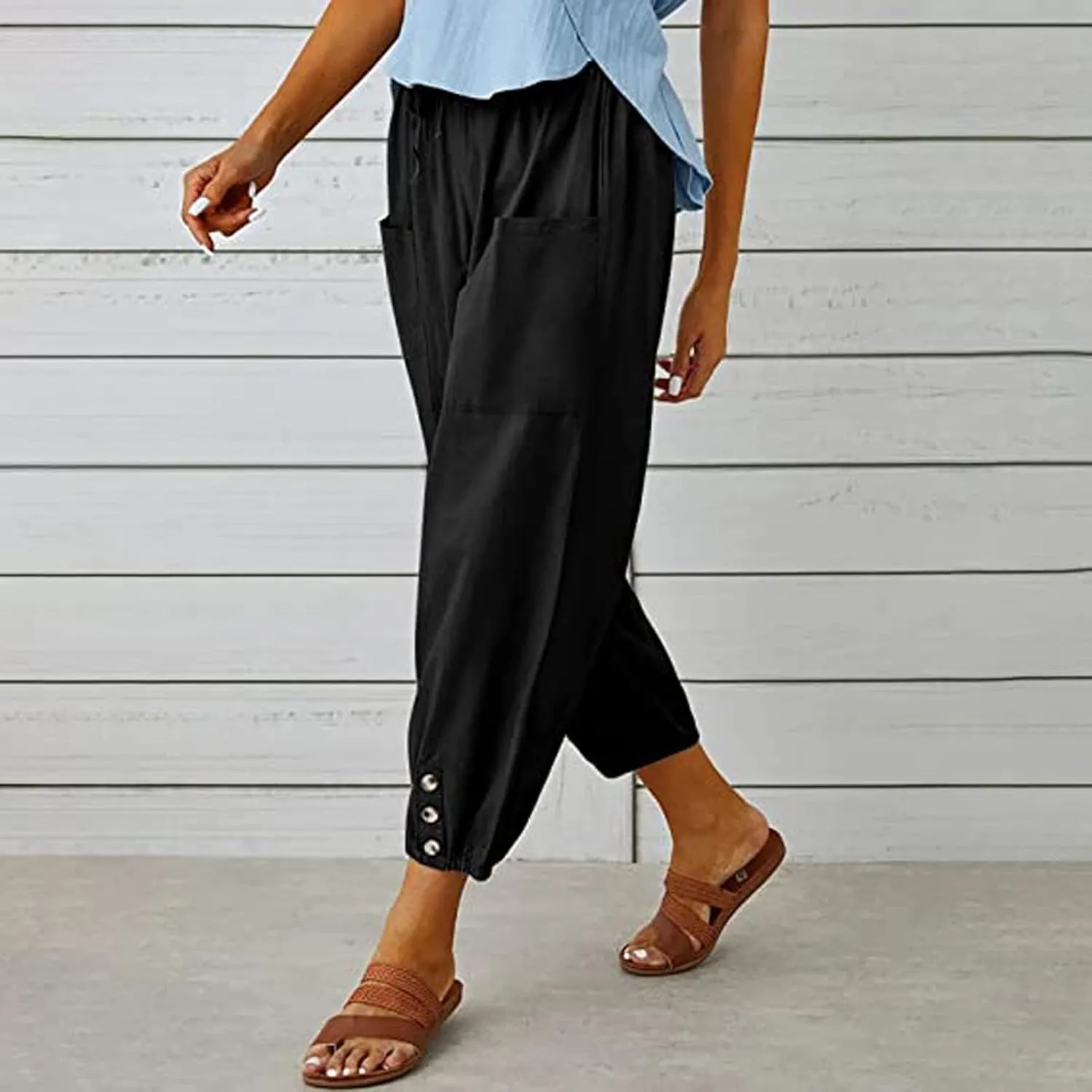 Women's Plus Size Capri Pants High Waist Drawstring Cinch Cotton Linen Casual Button Trouser with Pockets