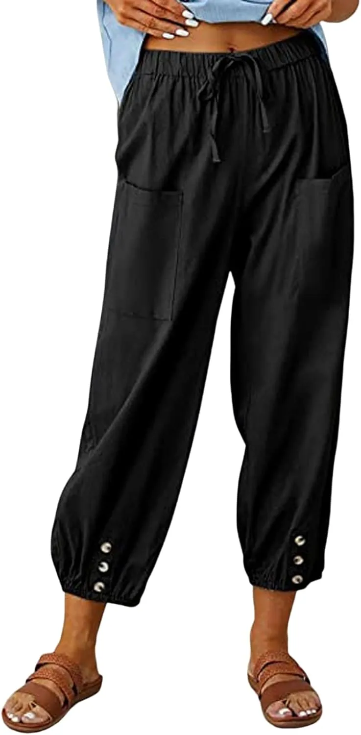 Women's Plus Size Capri Pants High Waist Drawstring Cinch Cotton Linen Casual Button Trouser with Pockets