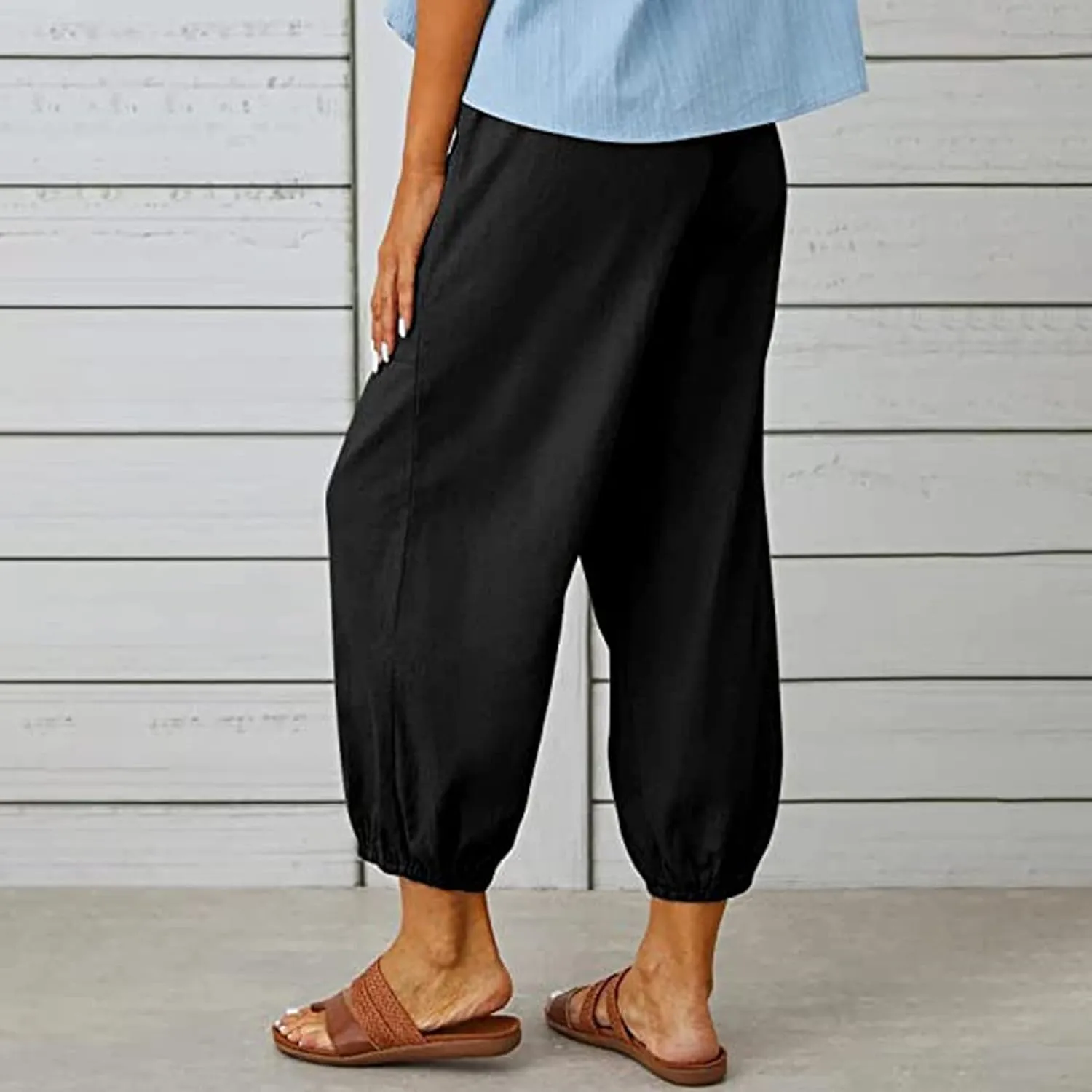 Women's Plus Size Capri Pants High Waist Drawstring Cinch Cotton Linen Casual Button Trouser with Pockets
