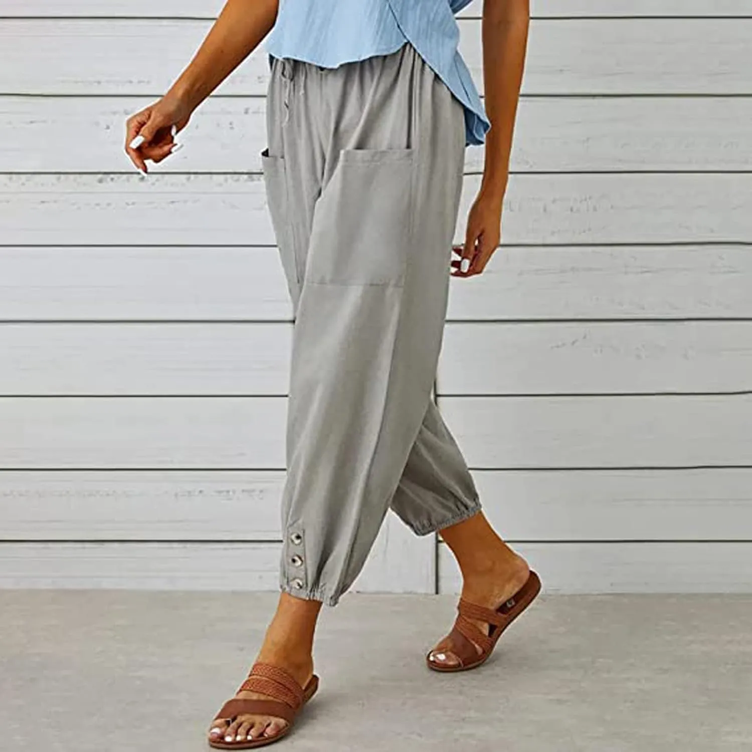 Women's Plus Size Capri Pants High Waist Drawstring Cinch Cotton Linen Casual Button Trouser with Pockets