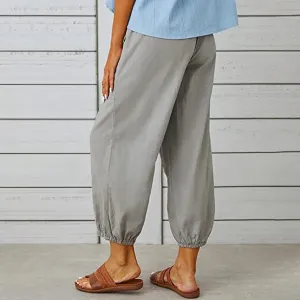 Women's Plus Size Capri Pants High Waist Drawstring Cinch Cotton Linen Casual Button Trouser with Pockets